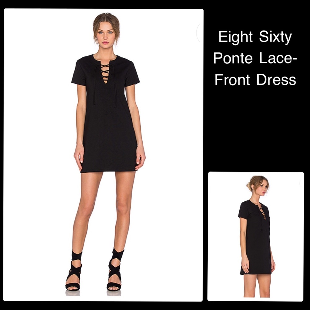 EIGHT SIXTY Black Ponte Short Sleeve Lace-Up Mini Dress NWOT Size Medium